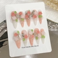 Pink gradient press-on nails with 3D resin roses, pearls and rhinestones on card - Extra Small (XS) / 1648 Long Almond