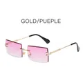 Frameless square sunglasses featuring gold metal temples and purple gradient lenses - Gold Frame Purple Lens