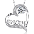 Silver MOM heart necklace with sparkling round zircon and micro-pave stones - White Zirconia