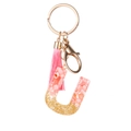 Pink resin letter U keychain with gold foil, matching tassel and golden hardware - Pink Gold Foil U