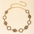 Vintage gold metal waist chain belt with tassel coins and embossed round disc detail - 19371 Hollow Ring Style / Bronze