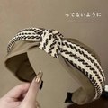 Elegant twist headband featuring brown satin and tricolor woven fabric for high top look - S24 Champagne Patchwork Knot Style