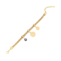 Goldenes Edelstahl-Perlenarmband mit Evil Eye und Münzanhängern auf weißem Hintergrund - Böser Blick und Goldmünzen Stil (3#)