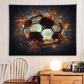 Detailed wall hanging fabric showing dynamic fire soccer design in a modern room setup - Pattern 5-Flame Burst Soccer