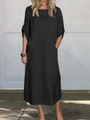 Detailed texture of loose black cotton linen maxi dress with short sleeves and round neck - S / Top And Bottom / Black