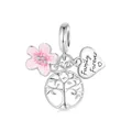 S925 silver family tree heart pendant with pink enamel flower for charm bracelet - Combination Pendant (SCC2689)