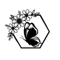 Black hexagonal iron wall art featuring a laser-cut butterfly and floral silhouette - Hexagon Butterfly Pattern