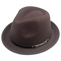 Detail of dark brown wool felt fedora with a black leather band and metal buckle - M (56-58cm) / Coffee