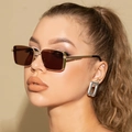 Retro rectangular sunglasses with dark brown lenses and gold metal frame on model - Gold Frame Tea Lens