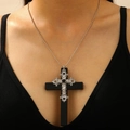 Gothic pink cross necklace with ornate silver filigree on black base and silver bead chain - Engraved Silver Cross (04 Black 11504) / Black