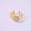Three-band golden stainless steel open ring featuring an oval pink gemstone on white fabric - Geometric Triple Ring Open Style / White Jade