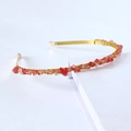 Golden bridal headband with red natural crushed crystal stones for festive gift wear - Single Row / Watermelon Quartz-Single Row
