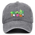 Detailed view of colorful vegetable embroidery on washed grey cotton baseball cap - Gray
