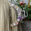 Silver chain hair claw with colorful natural stones and pearls worn on blonde hair - Multi-Color Crackle Deep Sea Pearl Silver Hair Claw
