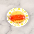 Miniature artificial sausage dish model with yellow gravy on white plate toy - Mini Ham - No Keychain