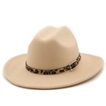 Detail of beige wool fedora featuring leopard print belt and gold buckle accent - M(56-58cm) / Beige