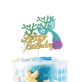 Blue mermaid tail and shells glitter cake topper with Happy Birthday sign decoration - No. 2 Mermaid Large Cake Topper (14x12.5cm)