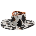 Cow print PU leather western cowboy hat with orange stitching and wide brim detail - M (56-58cm) / Beige with Orange Whipstitch