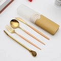 Pink and gold stainless steel travel cutlery set with portable beige storage box - Type A Orange Yellow+Gold