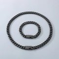 Set collana e bracciale catena cubana nera da uomo in acciaio inossidabile stile hip-hop - Stile A Nero (Catena Lucida a Maglie Rotonde) / Bracciale 21cm