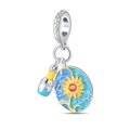Detail of silver paintbrush and blue sunflower charm with orange gemstone and enamel - W-PAC917 Van Gogh's Sunflowers