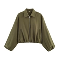 Detailed view of army green bomber jacket featuring silver zipper and elastic cuffs - Army Green