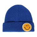 Berretto in maglia a coste blu con toppa smiley gialla ricamata sul risvolto anteriore - Taglia unica / Blu