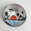 Hand-painted coconut bowl featuring a tropical sunset design with a silver inner finish - Silver Coconut Tree Style