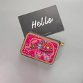 Bohemian accordion card wallet featuring handmade colorful beaded elephant on black leather - No.20 (Detailed Elephant)
