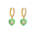 Detail of gold huggie hoop earrings with green enamel hearts and white cubic zirconia - Green Heart