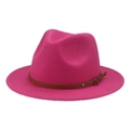 Detail of rose pink felt fedora hat for children featuring a brown leather decorative band - Rose Red