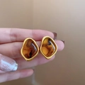 French vintage amber resin geometric earrings with elegant gold-plated metal edges - 20# Arc Shaped Brown