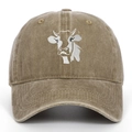 Close-up of white cow head embroidery on khaki washed cotton baseball cap with vintage finish - Adjustable / Khaki