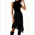 Polka dot midi skirt with irregular lace patchwork detail shown on a model with black boots - S / Black Printed