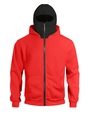 Red full-zip hoodie with built-in black full-face mask and silver metal zipper detail - Red