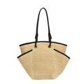 Bolso de paja trenzada beige grande con asas negras y diseño de múltiples bolsillos - Blanco Roto