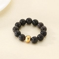 Handmade 6mm black crystal beaded elastic ring with a central gold accent bead for women - Beaded Ring (KR112967-Z) / Adjustable Elastic Cord / Black & Gold