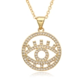 Macro detail of golden Evil Eye pendant with white zircon pavé and mirror reflection - Full Rhinestone Gold Disc Evil Eye Style (F181)