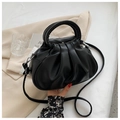 Bolso de mano retro negro plisado con asa y correa de hombro en cuero suave para mujer - Negro