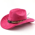 Detail of rose suede cowboy hat featuring brown leather band and bull head metal buckle - M (56-58cm) / Rose Red