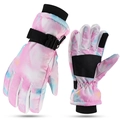 Pink and blue tie-dye children's ski gloves with adjustable straps and anti-slip palms - Dreamy Pink