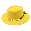 Cappello di paglia giallo con perle e nastro nero per vacanze estive in spiaggia - Giallo