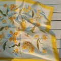 Elegant tulip print silk scarf in yellow and light blue with a chic border - New Floral Square Scarf / 65