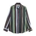 Elegante satijnen blouse met lange mouwen en bruin-groene verticale strepen voor dames - XS / Zoals getoond