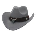 Classic gray wool felt western cowboy hat with floral embroidery and bronze bull head pendant - M (56-58cm) / Grey Cowboy (Flower Bull Head)