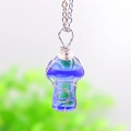 Handmade mushroom pendant necklace in blue crystal glass with silver wire wrapping - Synth Blue Crystal Silver-tone