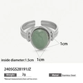Silver stainless steel open ring featuring an oval light green natural stone inlay - Green Aventurine (Silver Color) / Green/Silver