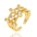 Adjustable gold open ring featuring multiple rows and rectangular clear zircon crystals - Gold Multi-Row Rectangle Stone Style (CX-J1080)