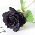 Single stem black velvet artificial rose with detailed petals and green thorny stem - Black