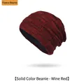 Men's winter knit beanie in burgundy and black with thick navy fleece lining - Wine Red Single Hat
